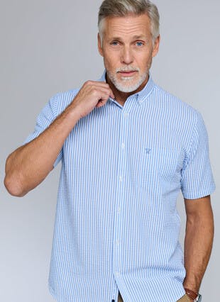 Pure Cotton Button Down Seersucker Short Sleeve Stripe Shirt
