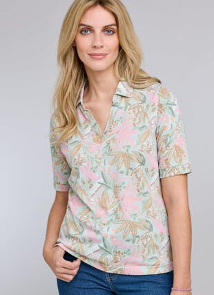 Linen Blend Print Polo Shirt