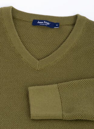 Cotton Rich Long Sleeve Textured V Neck Jumper