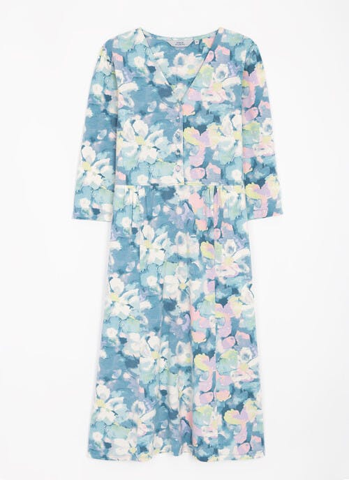 V-Neck Button Front Printed Midi Tea Dress