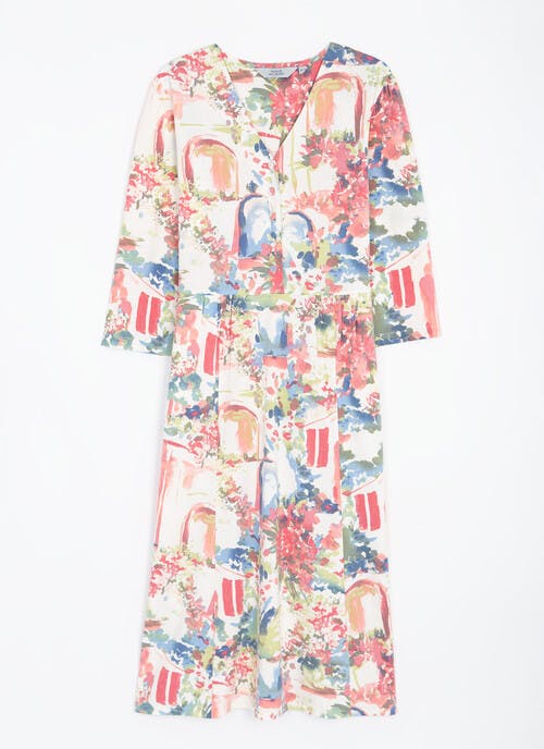 V-Neck Button Front Printed Midi Tea Dress