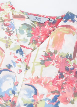 V-Neck Button Front Printed Midi Tea Dress