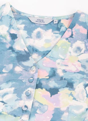 V-Neck Button Front Printed Midi Tea Dress