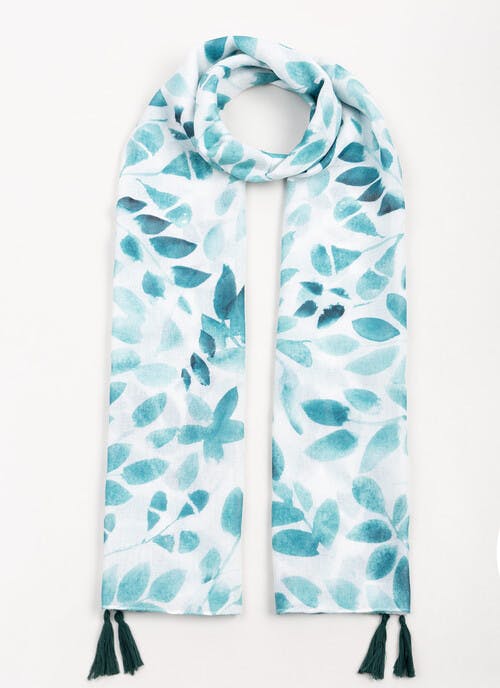 Lightweight Leaf Print Scarf With Tassel