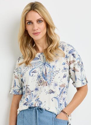 Linen Blend Tab Sleeve Printed Top
