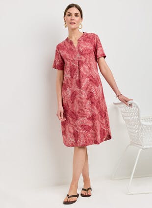Linen Blend Stitch Detail Print Dress
