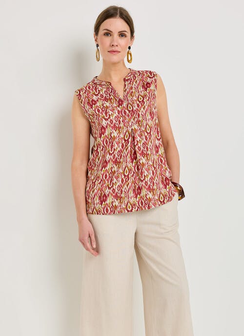 Linen Blend Stitch Detail Print Top