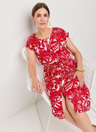 Linen Blend Floral Print Belted Dress