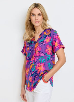 Notch Neck Caps Sleeve Print Top