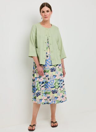 V Neck Linen Blend Print Dress
