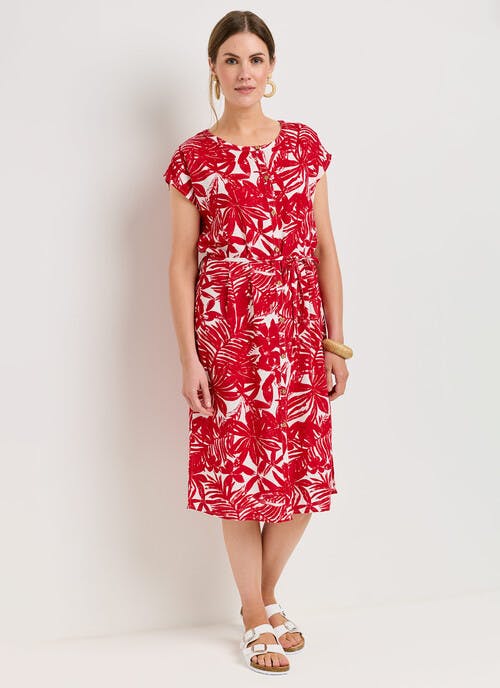 Linen Blend Floral Print Belted Dress