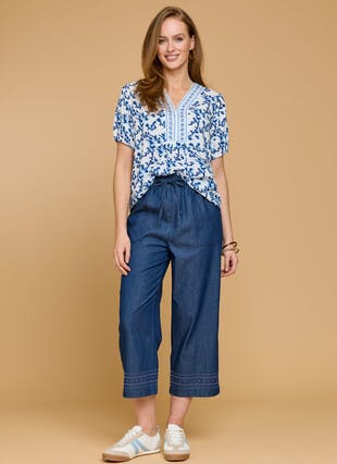 Pure Cotton Embroidered Hem Cropped Trousers