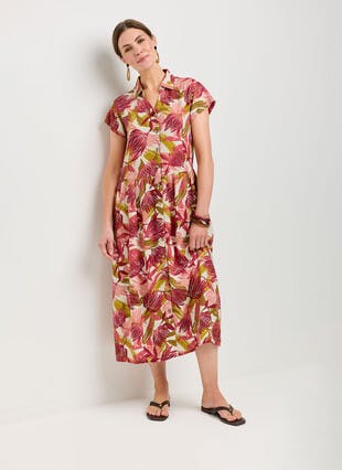Linen Blend Collared Print Dress