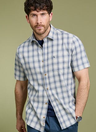 Cotton Blend Seersucker Check Short Sleeve Shirt