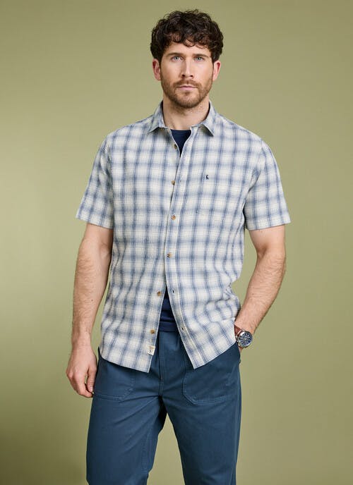 Cotton Blend Seersucker Check Short Sleeve Shirt