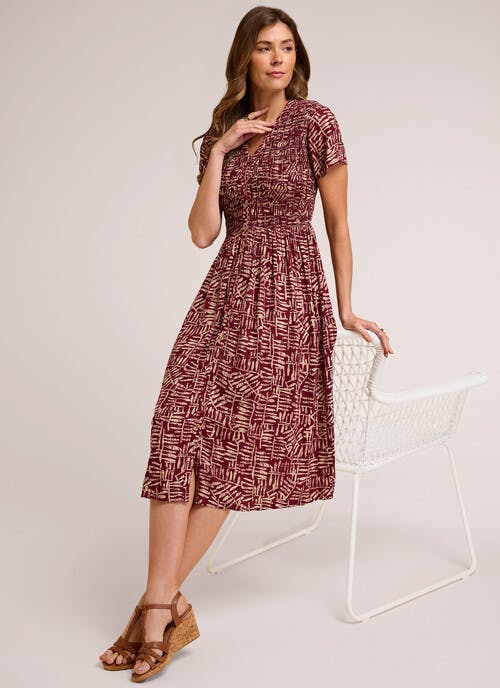 Shirred Bodice V Neck Print Dress