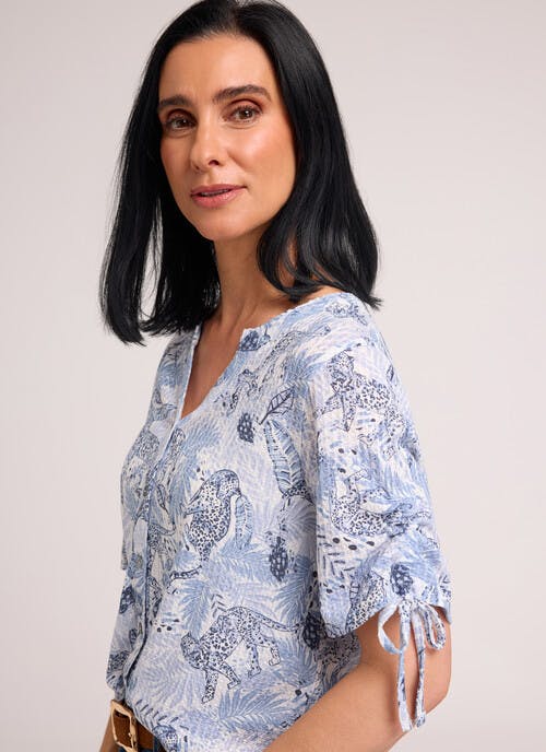 Textured Tie Sleeve Printed Blouse