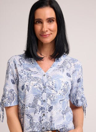 Textured Tie Sleeve Printed Blouse