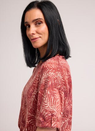 Linen Blend Tab Sleeve Printed Top