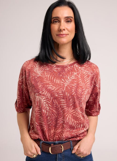 Linen Blend Tab Sleeve Printed Top