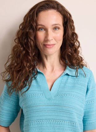 Pure Cotton Textured Knit Polo Neck Top