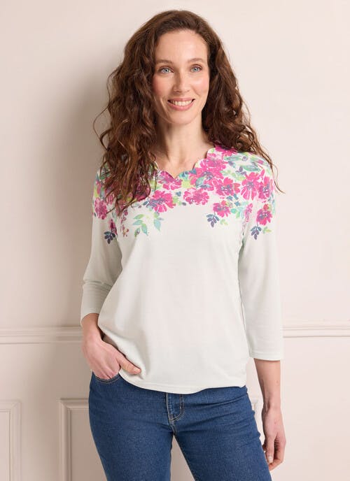 Soft Touch Scallop Neck Floral Border Print Top