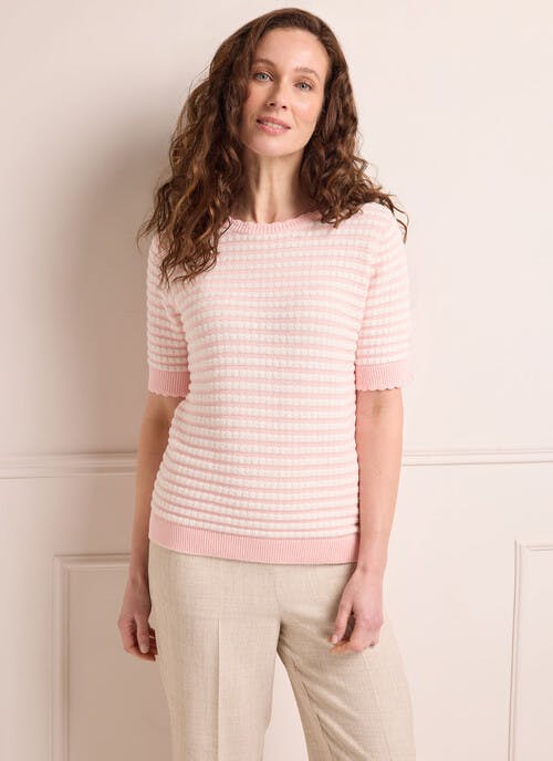 Pure Cotton Textured Stripe Short Sleeve Jumper