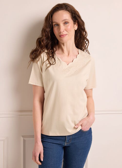 Pure Cotton Embroidered Scallop Neck T-Shirt