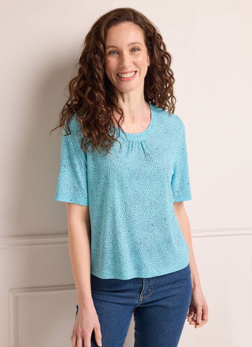 Rib Ruched Neck Spot Print Top