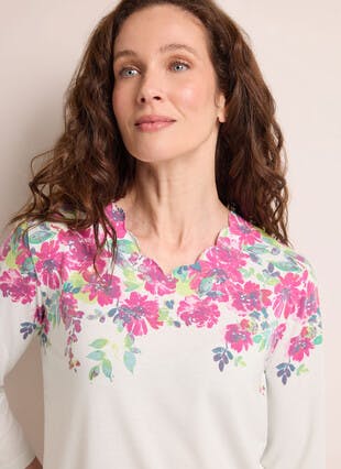 Soft Touch Scallop Neck Floral Border Print Top