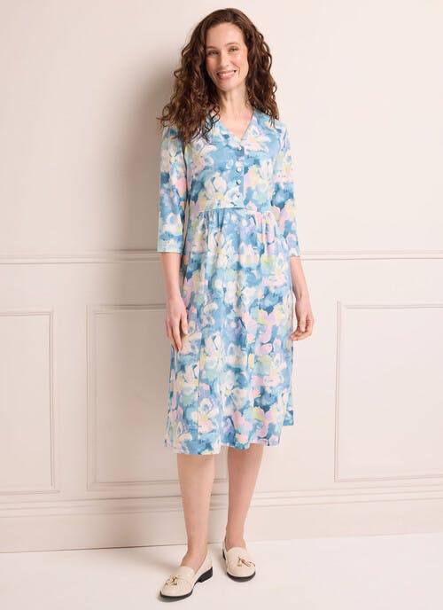 V-Neck Button Front Printed Midi Tea Dress