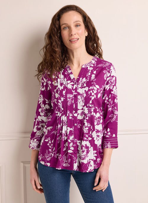 Notch Neck Pleated Floral Print Blouse
