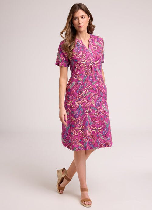 Linen Blend Tropical Leaf Print Midi Dress