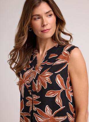 Linen Blend Abstarct Leaf Print Top