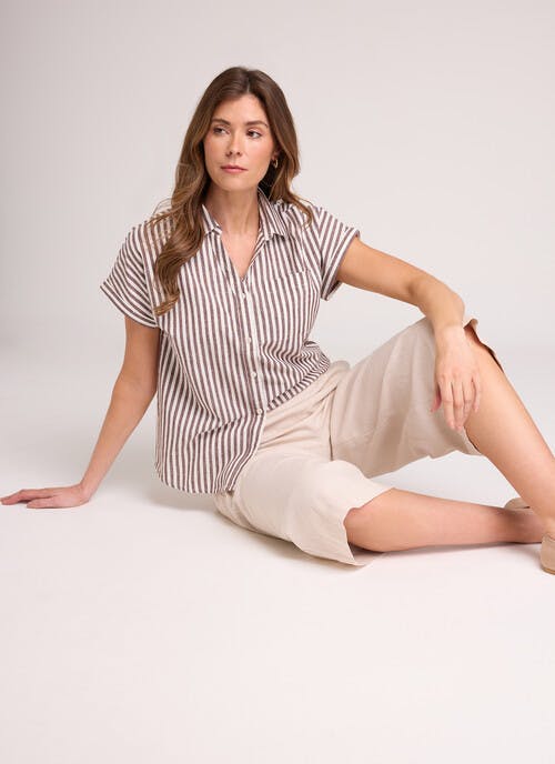 Linen Blend Striped Cap Sleeve Blouse