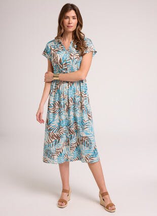 Linen Blend Textured Fern Print Midi Dress
