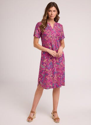 Linen Blend Tropical Leaf Print Midi Dress