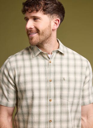 Cotton Blend Seersucker Check Short Sleeve Shirt