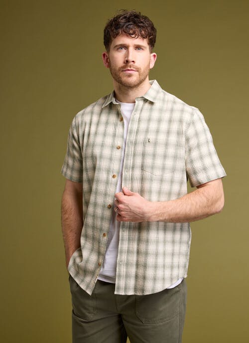 Cotton Blend Seersucker Check Short Sleeve Shirt