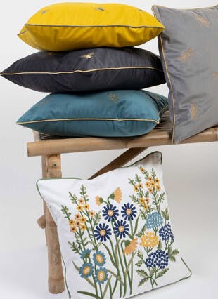 Embroidered Bee Ochre Velvet Cushion