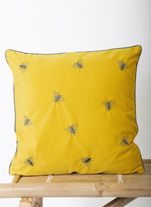 Embroidered Bee Ochre Velvet Cushion