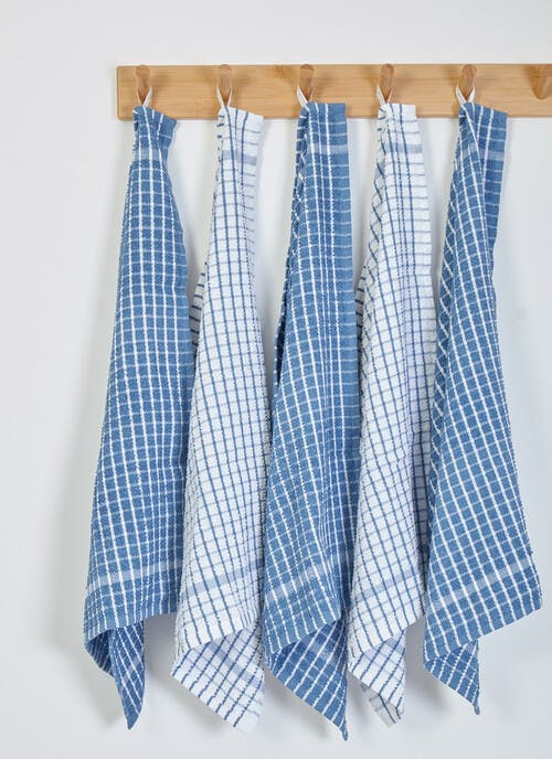 Cotton Rich Blue Check 5-Pack Tea Towels