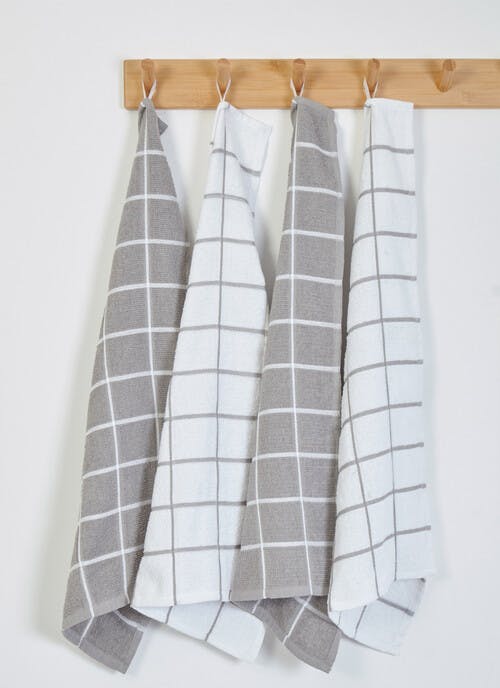 Cotton Rich Grey Check 4-Pack Tea Towels