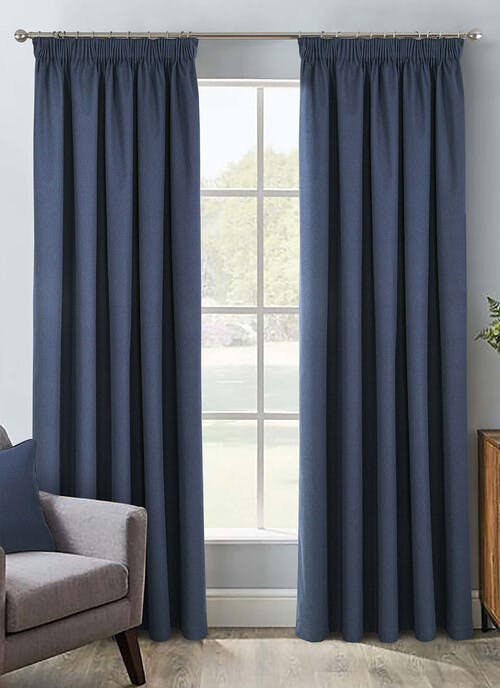 Herringbone Blackout Navy Pencil Pleat Curtains