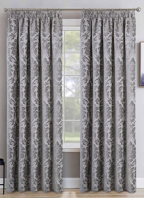 Valencia Damask Jacquard Silver Pencil Pleat Curtains
