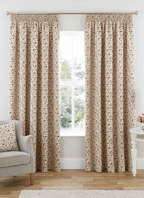 Sherbourne Leaf Jacquard Red Pencil Pleat Curtains