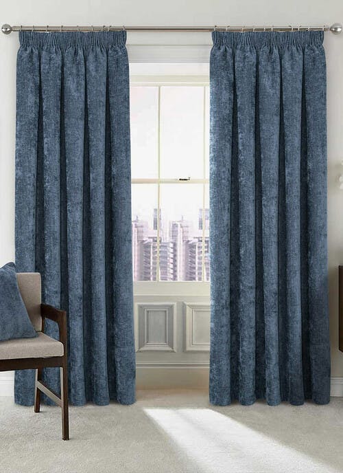 Waffle Chenille Blackout Blue Pencil Pleat Curtains