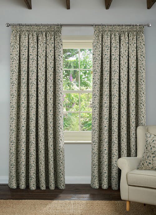 Sherbourne Leaf Jacquard Blue Pencil Pleat Curtains