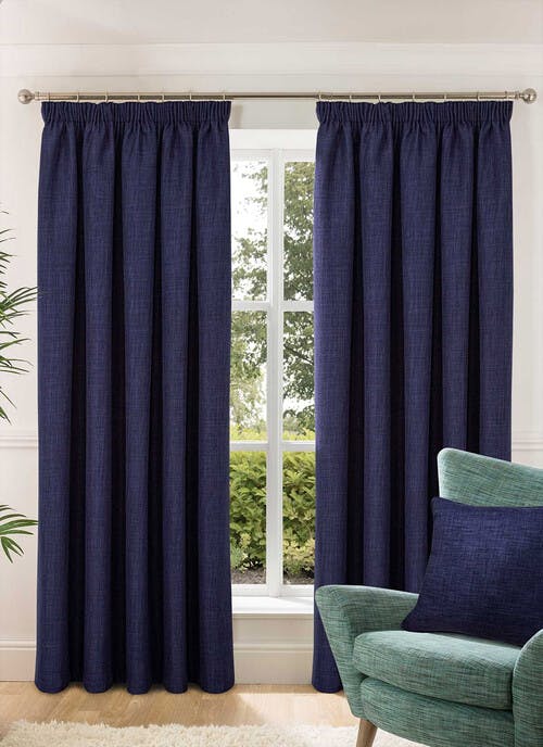 Harlow Textured Weave Blackout Navy Pencil Pleat Curtains