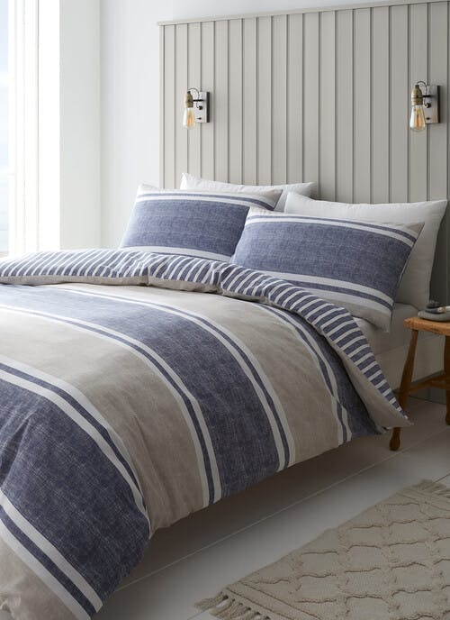 Catherine Lansfield Textured Banded Stripe Blue Duvet Set